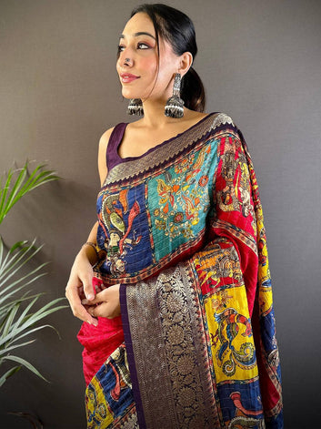 Multicolor Kalamkari Printed Banarasi Silk Saree for Women with Rich Zari Border