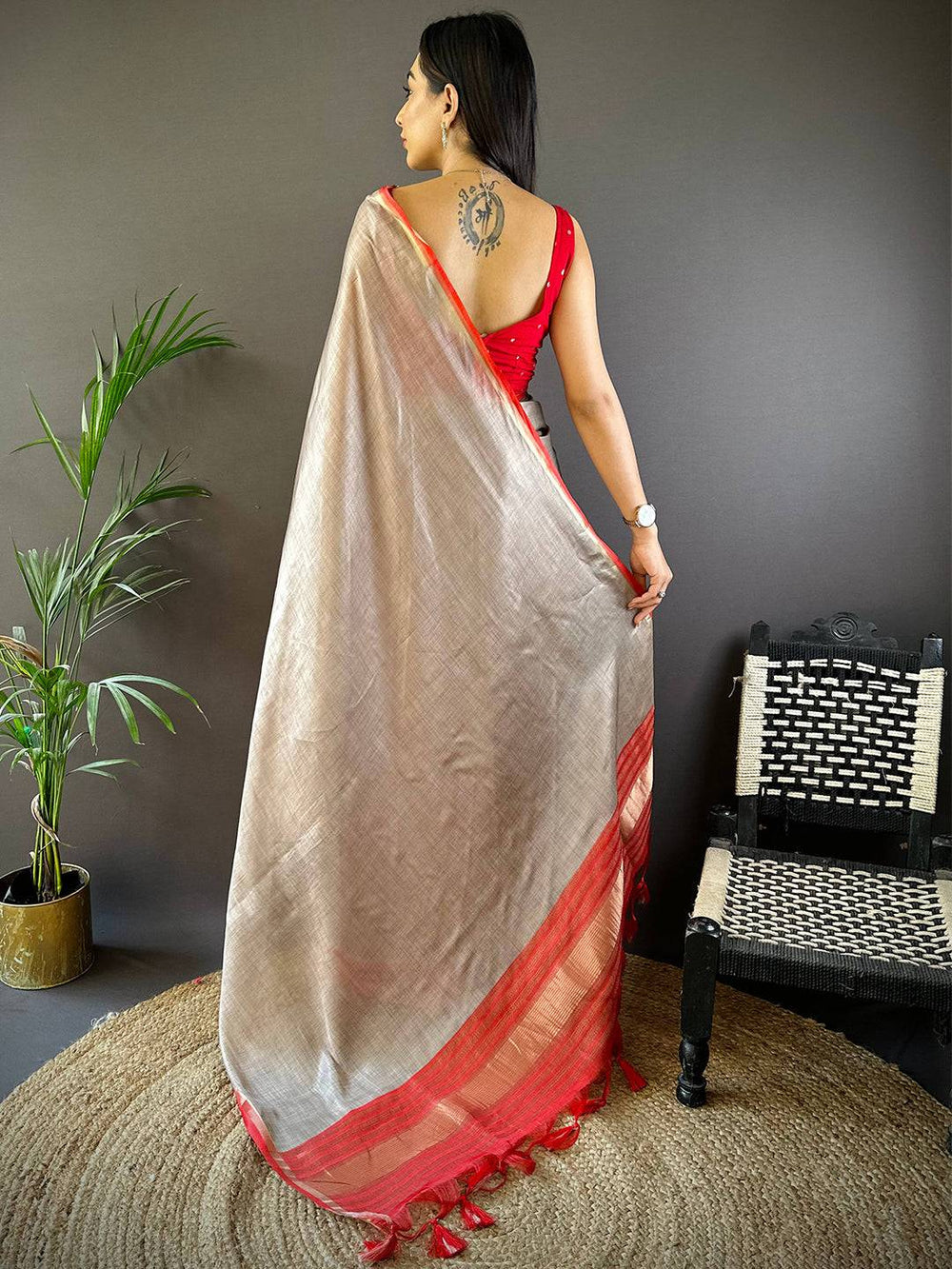Soft Grey Linen Silk Saree for Women with Red Border