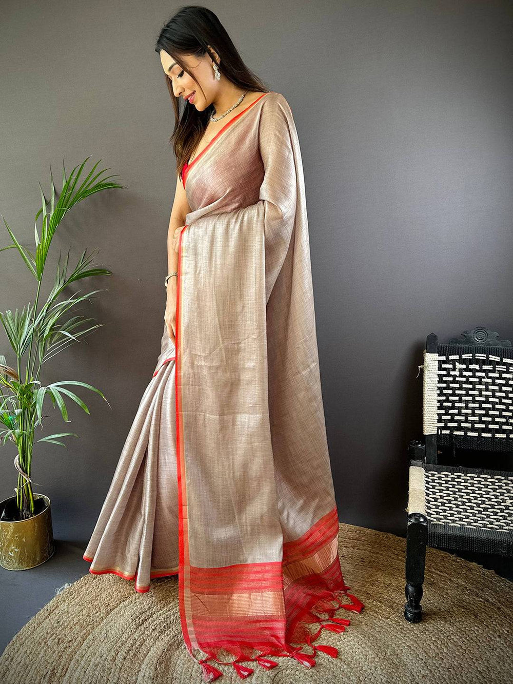 Soft Grey Linen Silk Saree for Women with Red Border
