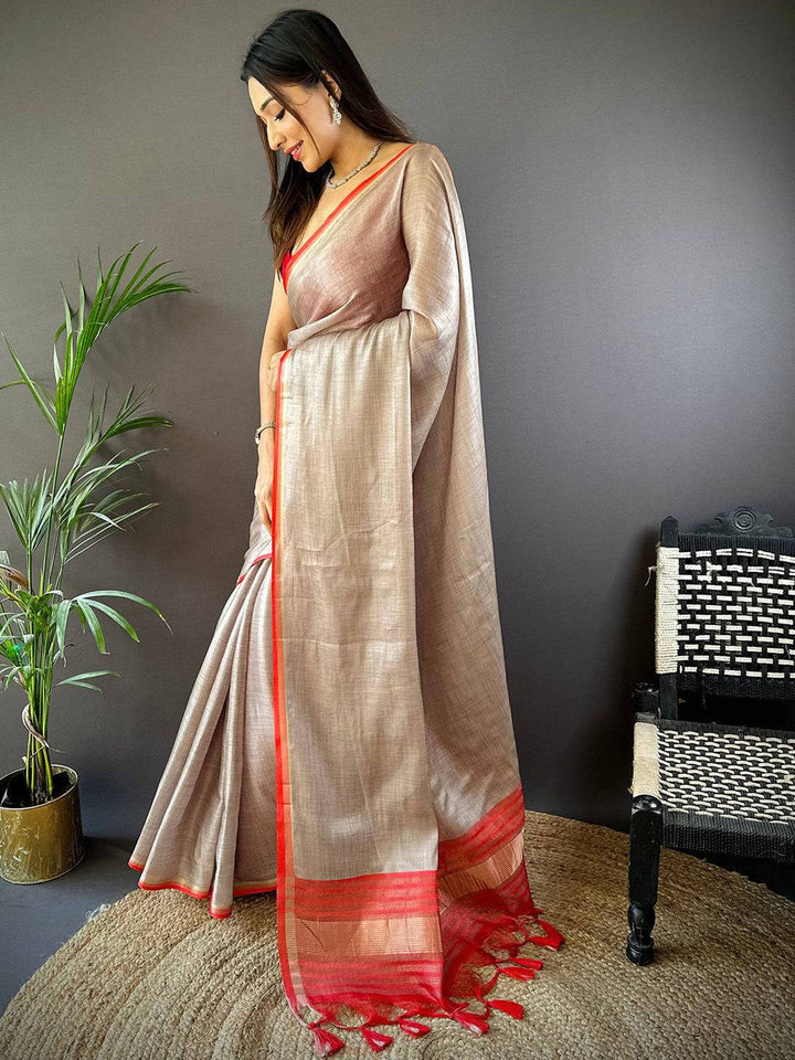 Soft Grey Linen Silk Saree for Women with Red Border