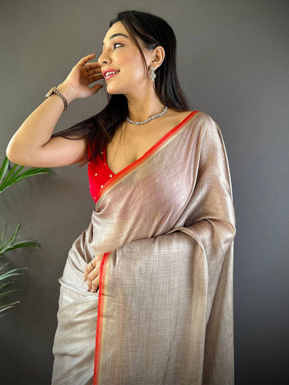 Soft Grey Linen Silk Saree for Women with Red Border