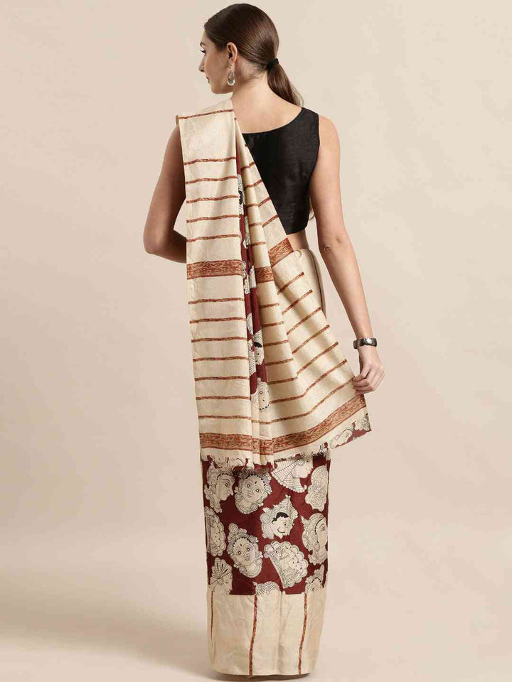Cream & Maroon Printed Silk Saree for Women with Artistic Kalamkari Design
