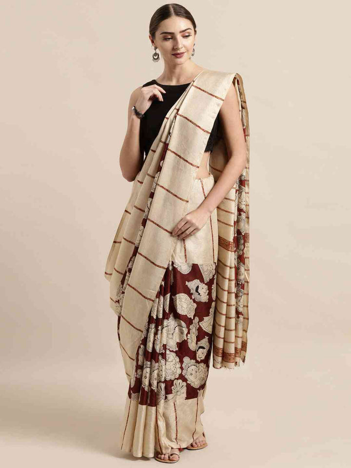 Cream & Maroon Printed Silk Saree for Women with Artistic Kalamkari Design