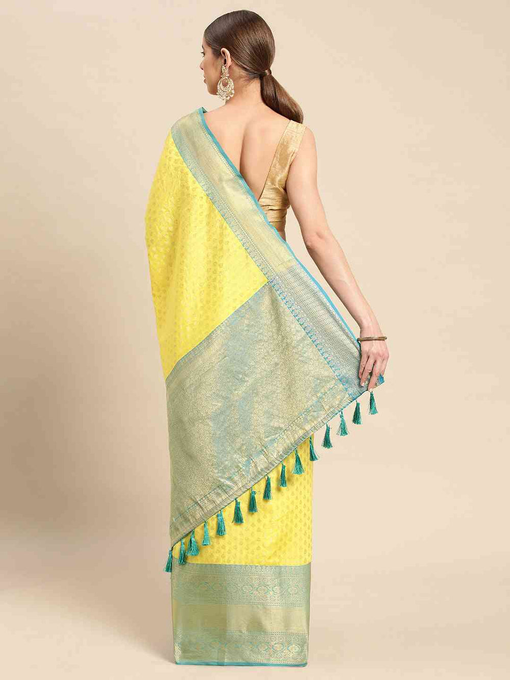 Yellow & Sea Green Banarasi Silk Saree for Women with Zari Weaving Border