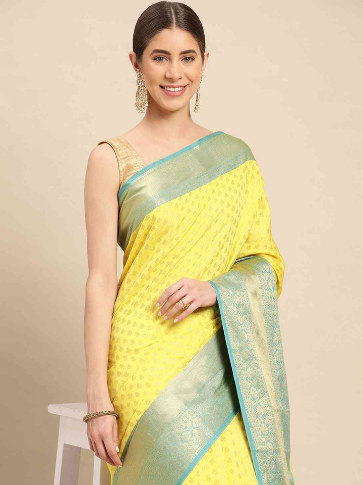 Yellow & Sea Green Banarasi Silk Saree for Women with Zari Weaving Border