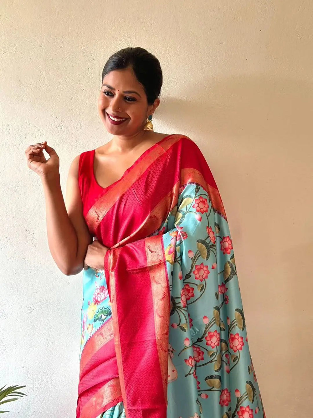 Sky Blue & Red Floral Printed Banarasi Silk Saree for Women with Zari Border