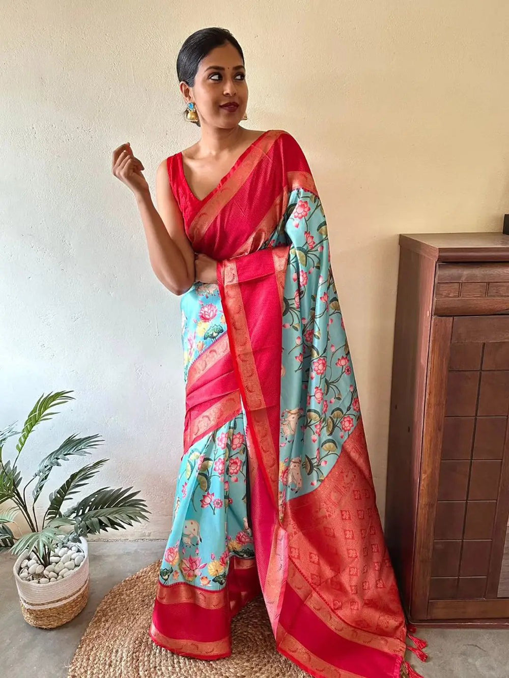 Sky Blue & Red Floral Printed Banarasi Silk Saree for Women with Zari Border