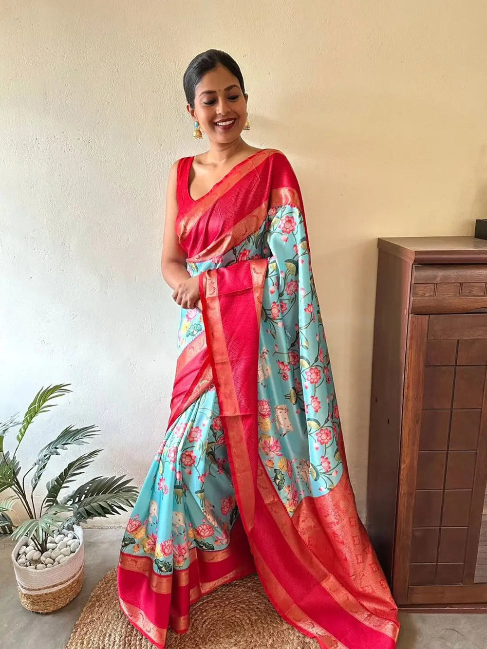 Sky Blue & Red Floral Printed Banarasi Silk Saree for Women with Zari Border