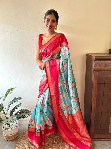 Sky Blue & Red Floral Printed Banarasi Silk Saree for Women with Zari Border