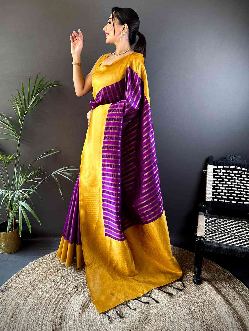 Yellow & Purple Banarasi Silk Saree for Women with Striped Zari Pallu