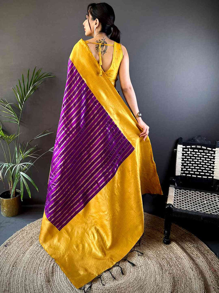 Yellow & Purple Banarasi Silk Saree for Women with Striped Zari Pallu