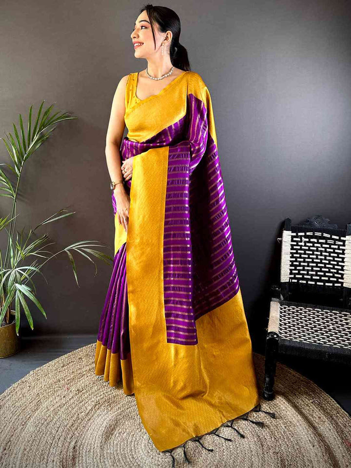Yellow & Purple Banarasi Silk Saree for Women with Striped Zari Pallu