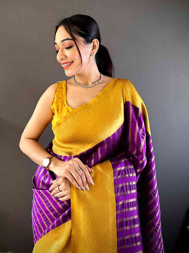Yellow & Purple Banarasi Silk Saree for Women with Striped Zari Pallu