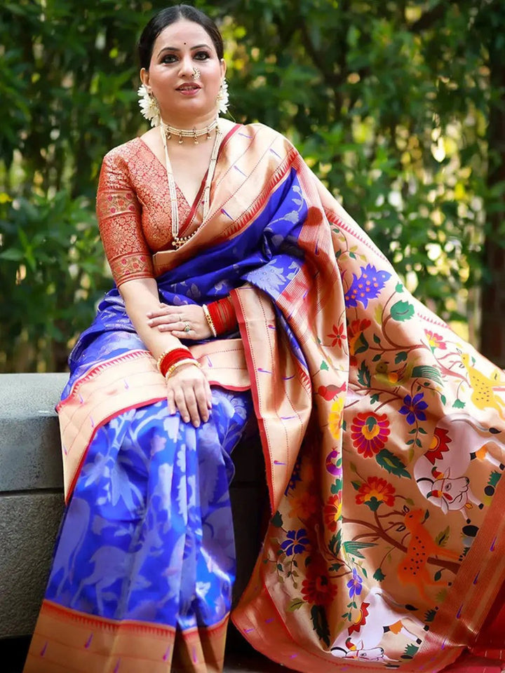Royal Blue & Beige Banarasi Silk Saree for Women with Floral Pallu