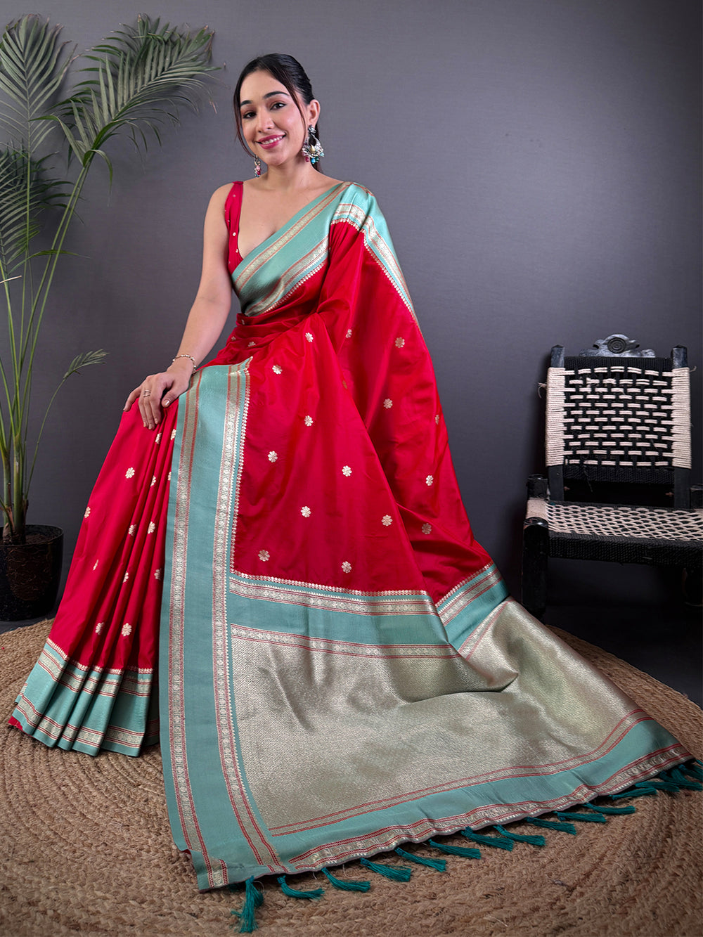 Red & Mint Green Banarasi Silk Saree for Women with Zari Weaving Border