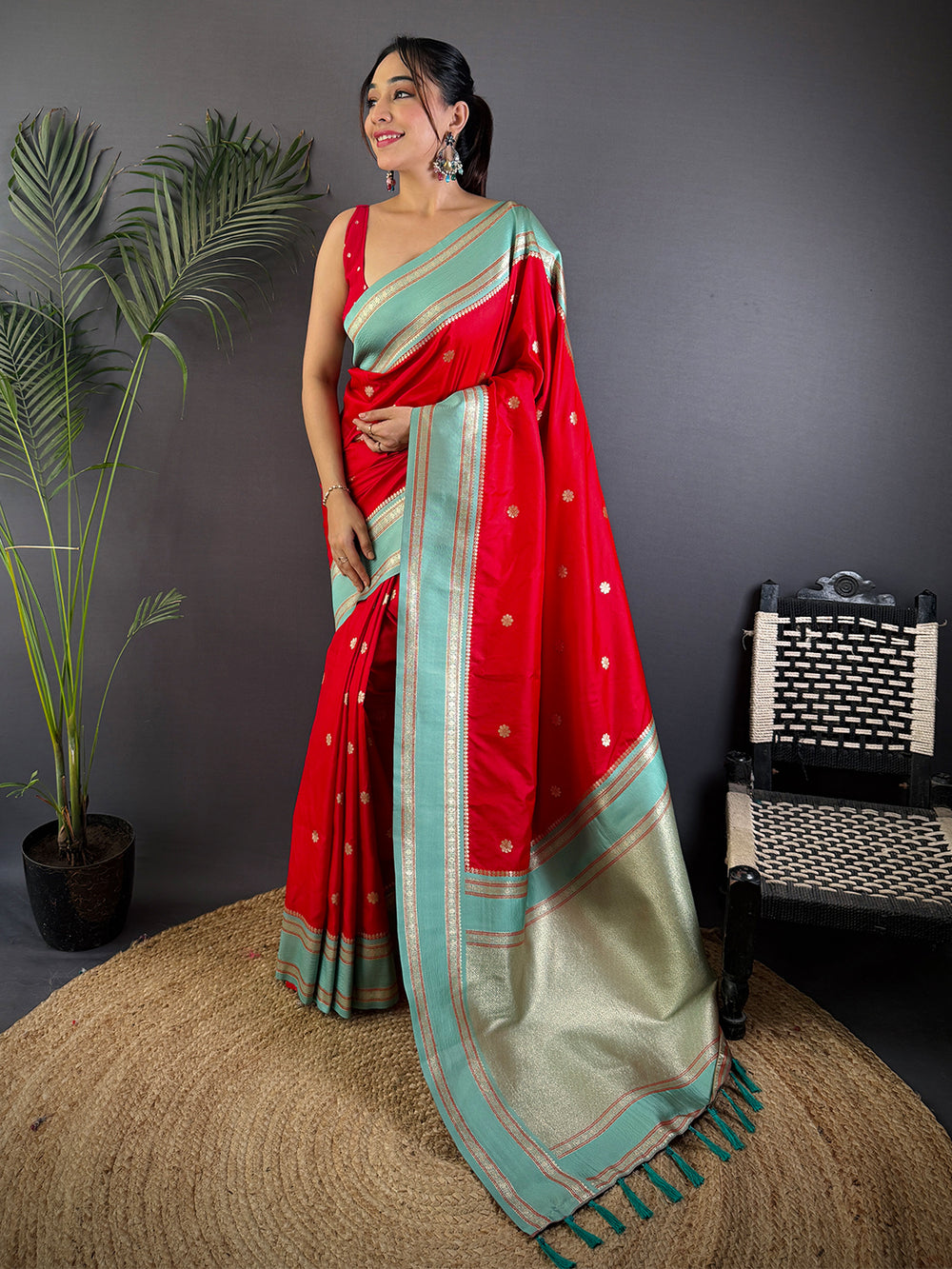 Red & Mint Green Banarasi Silk Saree for Women with Zari Weaving Border