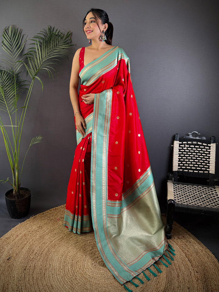 Red & Mint Green Banarasi Silk Saree for Women with Zari Weaving Border