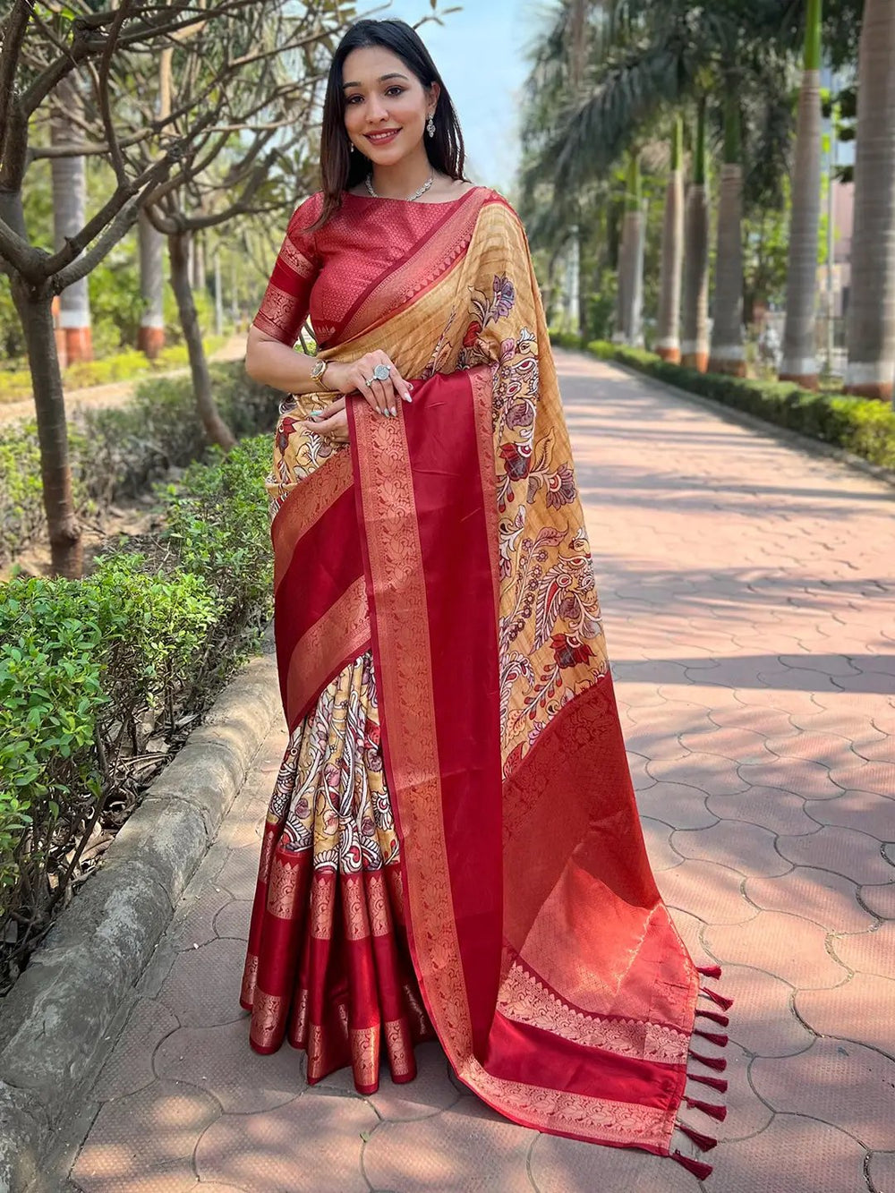 Red & Beige Printed Banarasi Silk Saree for Women with Rich Zari Border