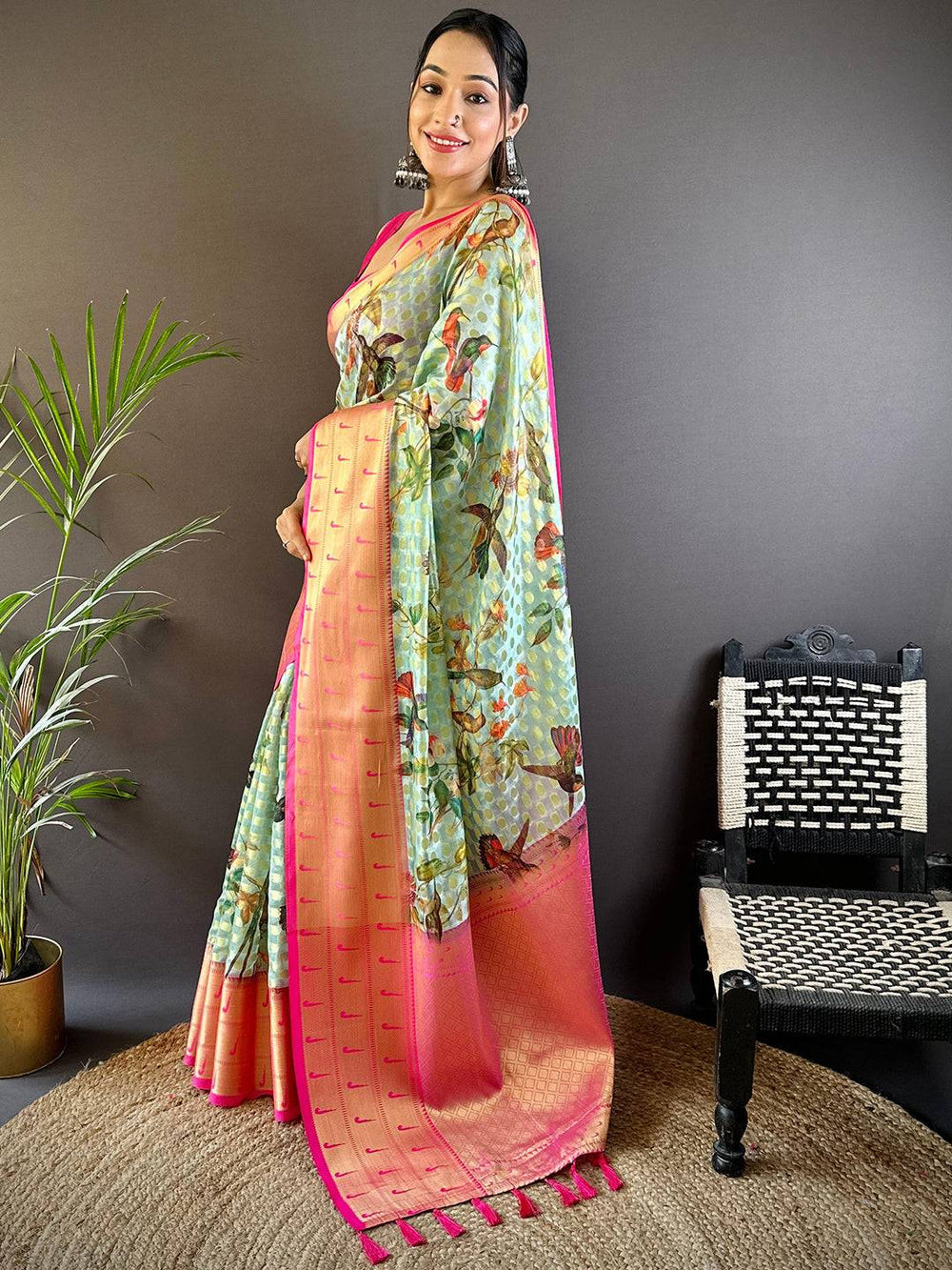 Mint Green Floral Printed Banarasi Silk Saree for Women with Peach Zari Border