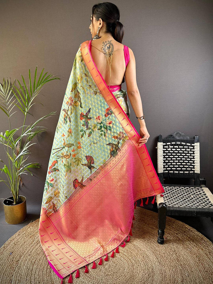 Mint Green Floral Printed Banarasi Silk Saree for Women with Peach Zari Border