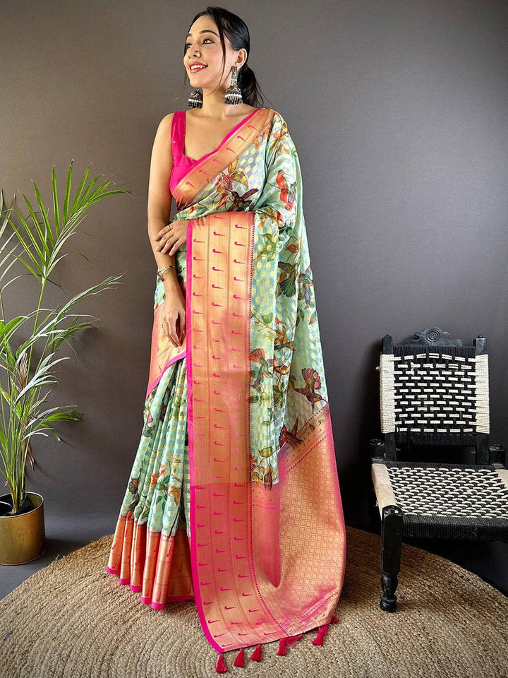 Mint Green Floral Printed Banarasi Silk Saree for Women with Peach Zari Border