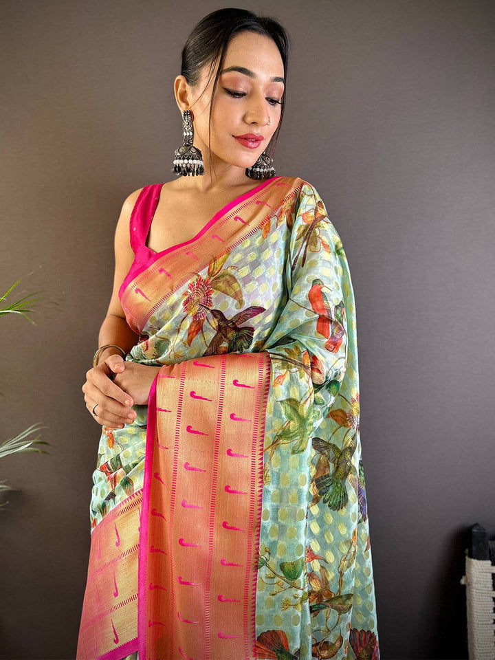 Mint Green Floral Printed Banarasi Silk Saree for Women with Peach Zari Border
