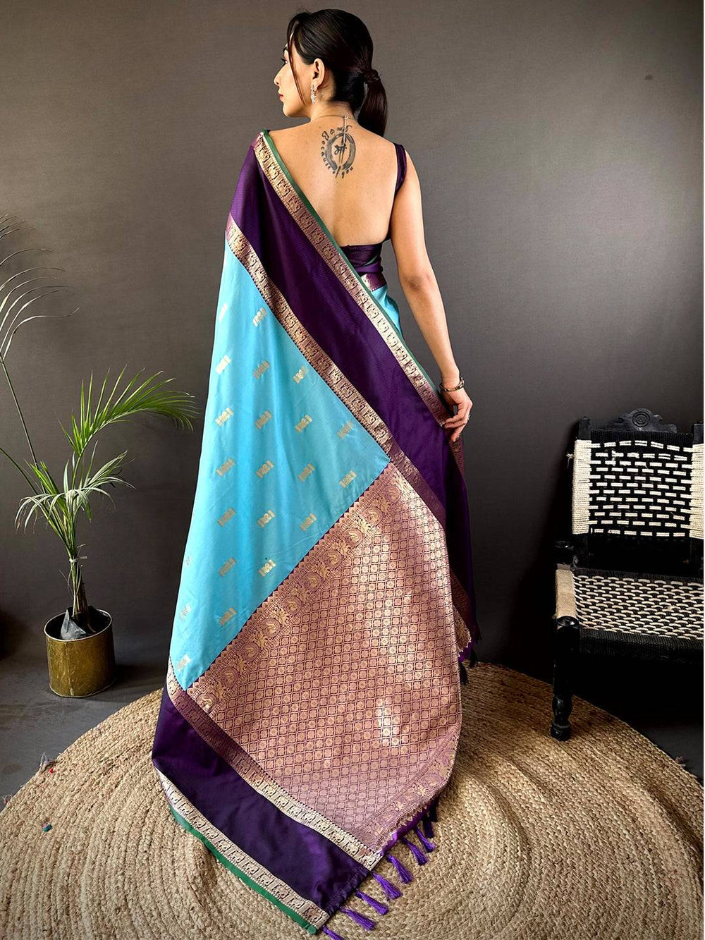 Purple & Sky Blue Banarasi Silk Saree for Women with Golden Zari Border