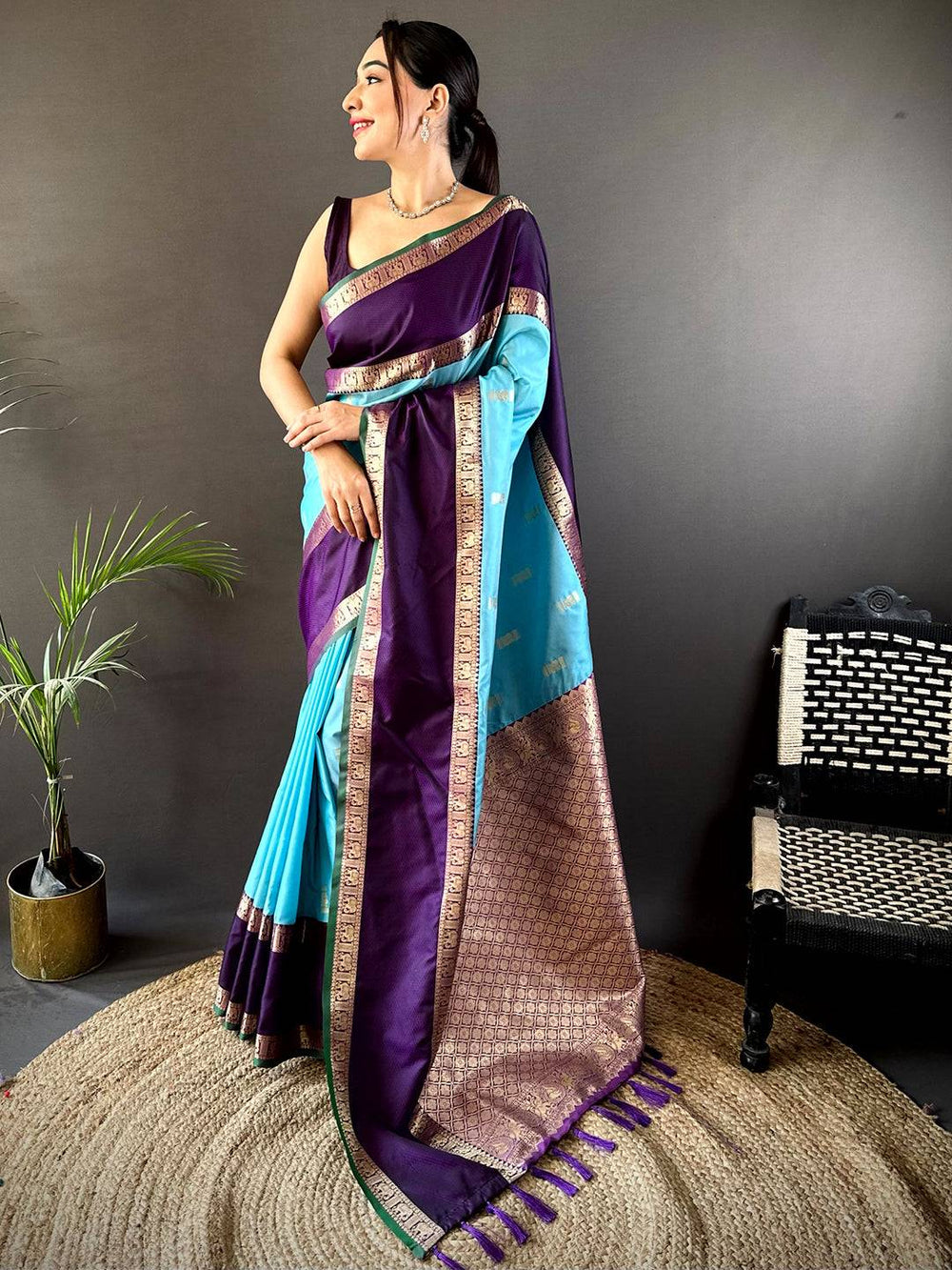 Purple & Sky Blue Banarasi Silk Saree for Women with Golden Zari Border