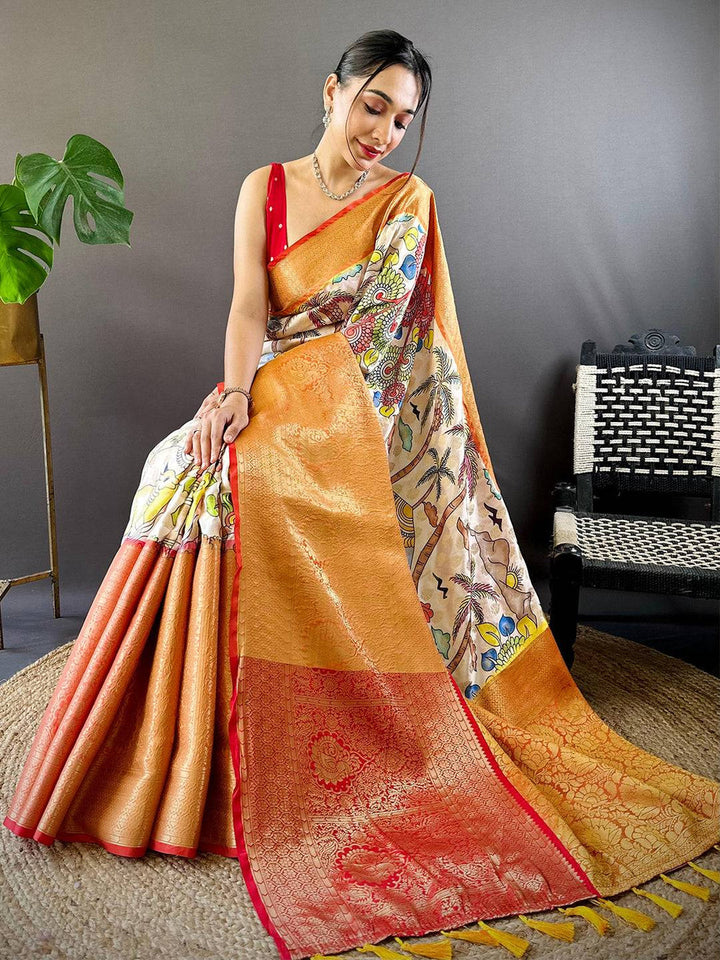 Orange Multi Color Printed Banarasi Silk Saree for Women with Rich Zari Pallu