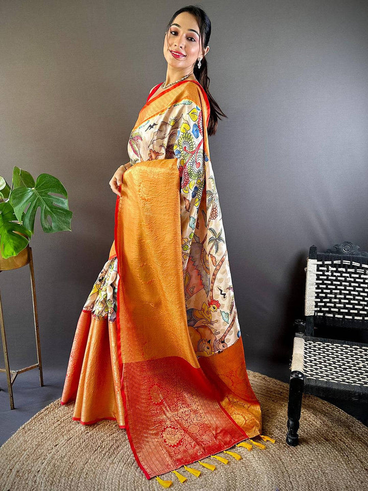 Orange Multi Color Printed Banarasi Silk Saree for Women with Rich Zari Pallu