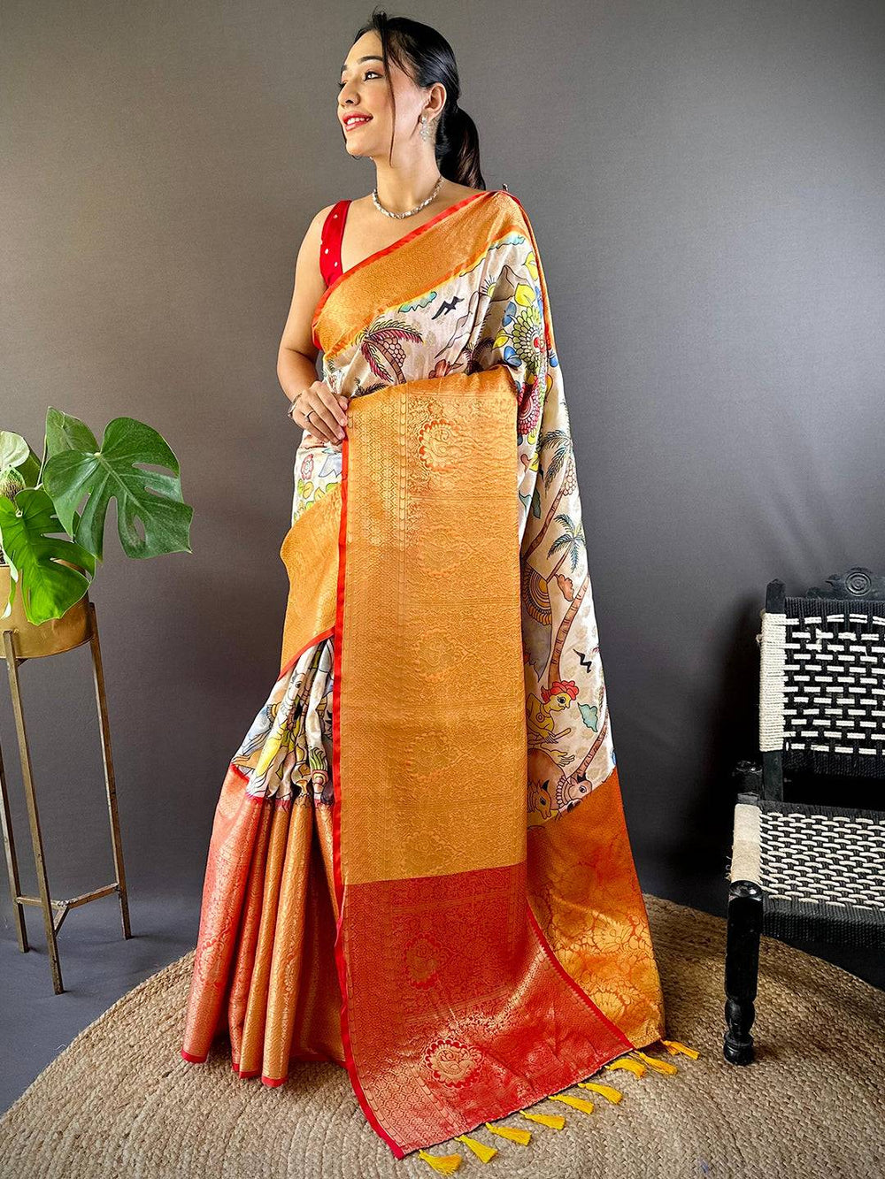Orange Multi Color Printed Banarasi Silk Saree for Women with Rich Zari Pallu
