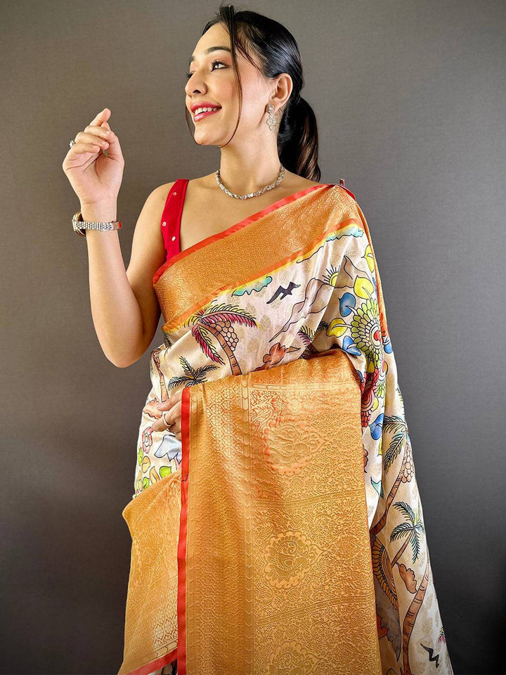 Orange Multi Color Printed Banarasi Silk Saree for Women with Rich Zari Pallu