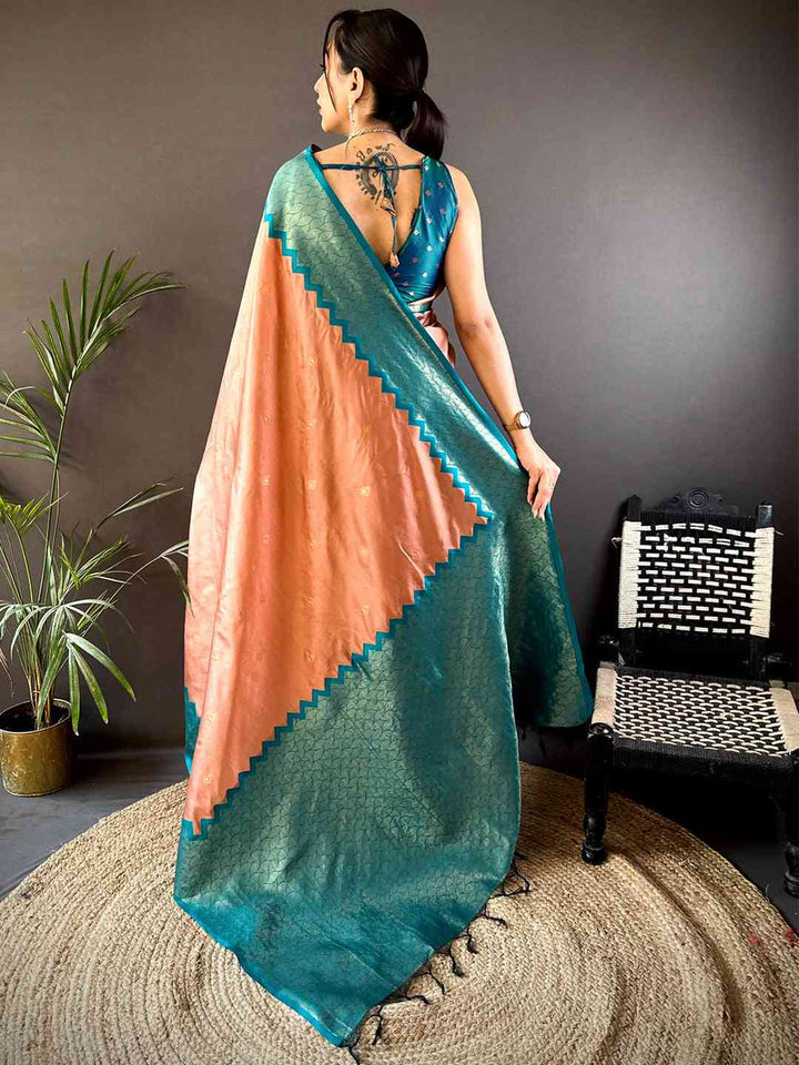 Peach & Teal Banarasi Silk Saree for Women with Beautiful Weaving Border