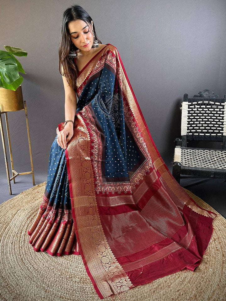 Navy Blue & Maroon Banarasi Silk Saree for Women