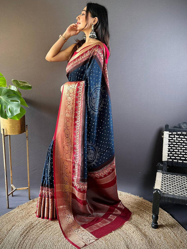 Navy Blue & Maroon Banarasi Silk Saree for Women