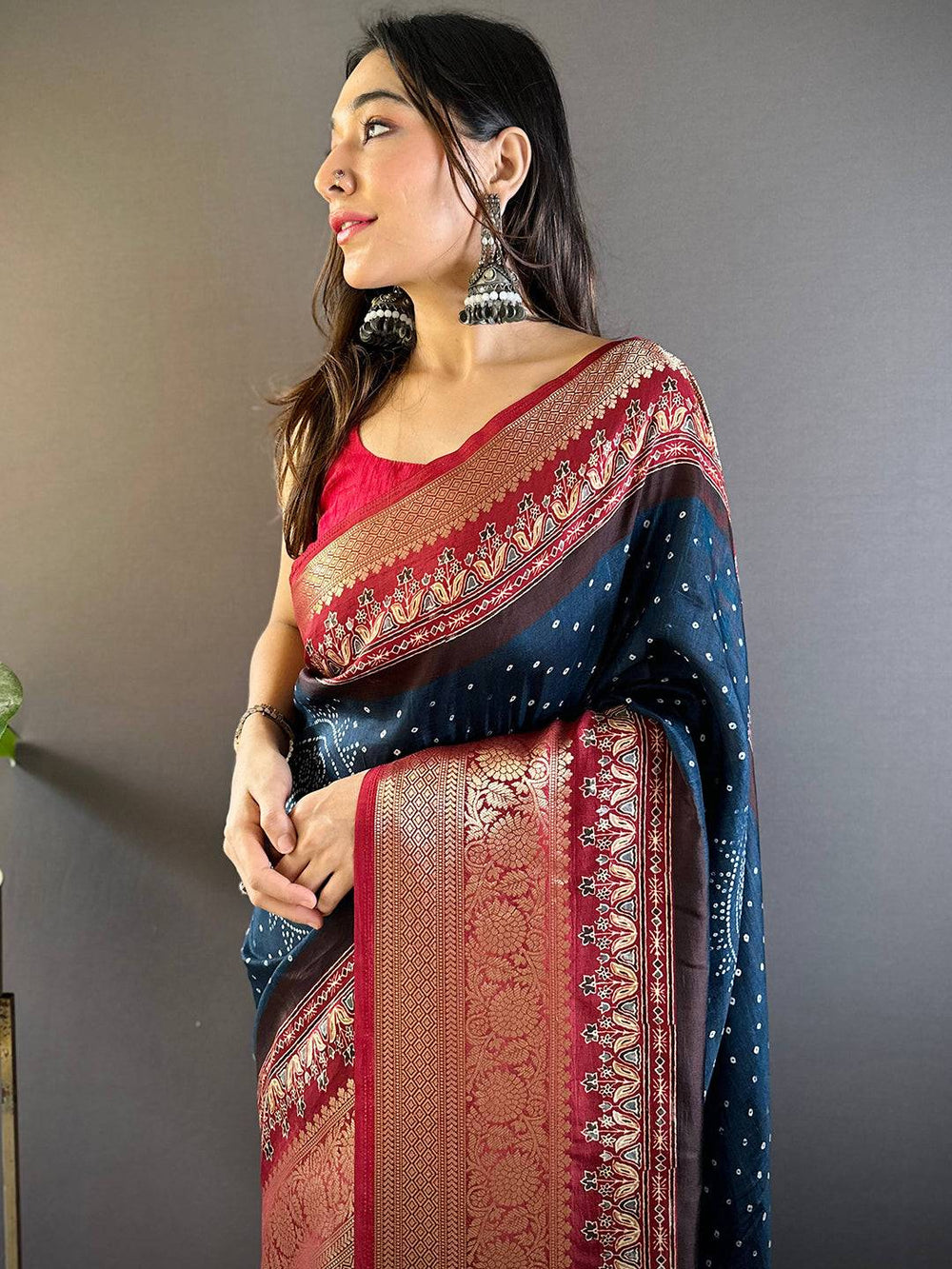 Navy Blue & Maroon Banarasi Silk Saree for Women