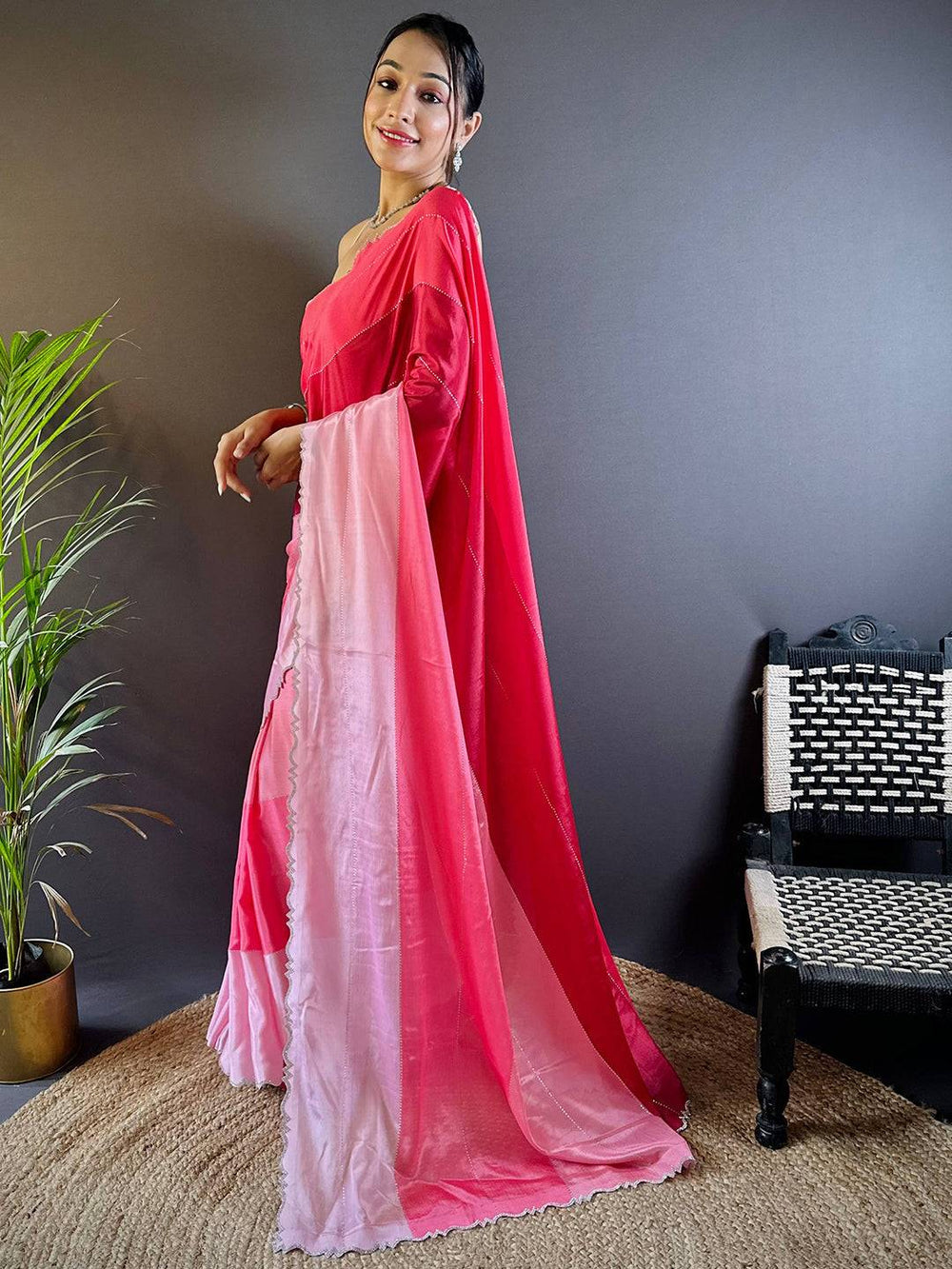 Pink Ombré Satin Saree with Scallop Border