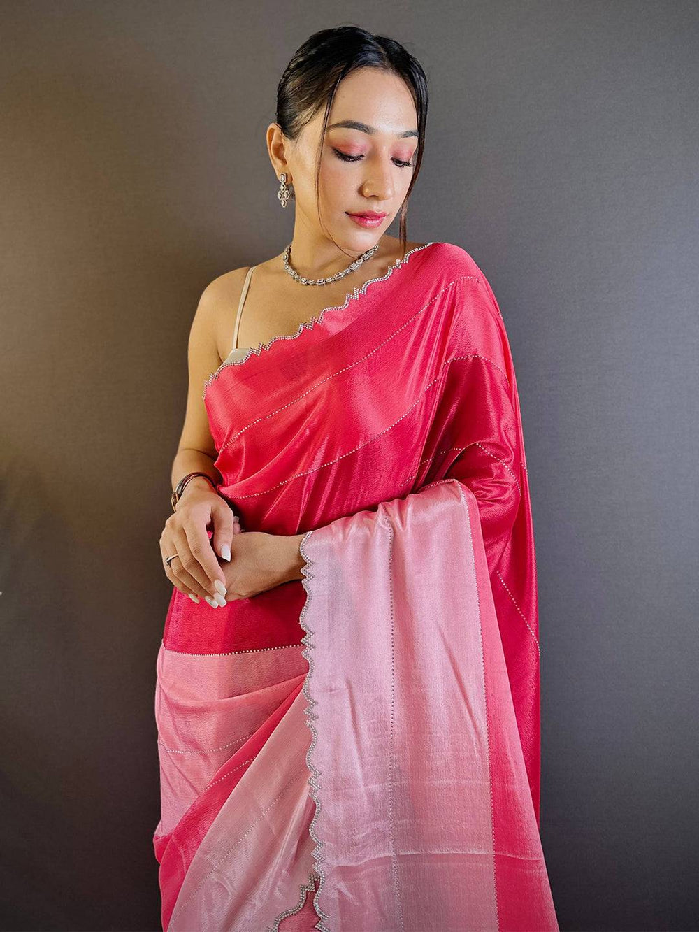 Pink Ombré Satin Saree with Scallop Border