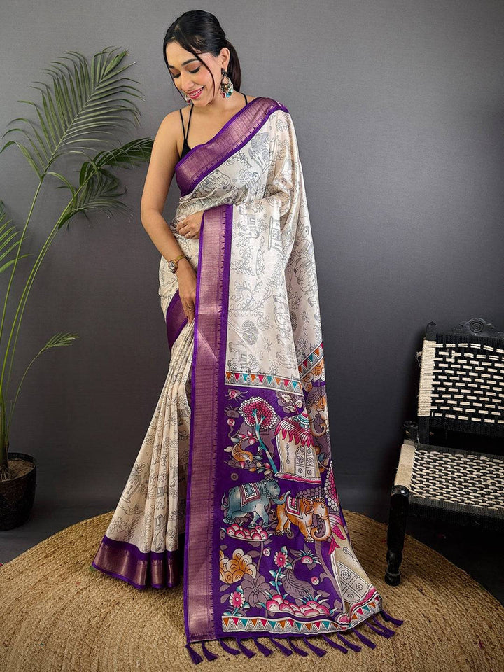 Cream Banarasi Silk Saree with Purple Border & Mythical Kalamkari Print