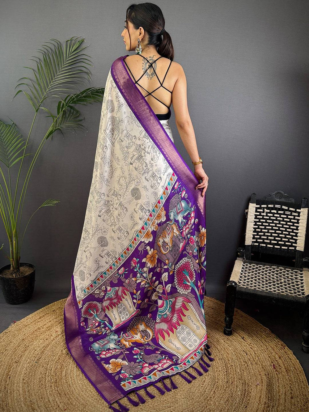 Cream Banarasi Silk Saree with Purple Border & Mythical Kalamkari Print