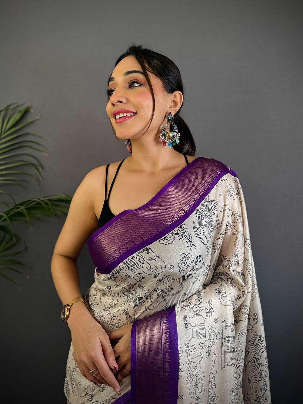 Cream Banarasi Silk Saree with Purple Border & Mythical Kalamkari Print