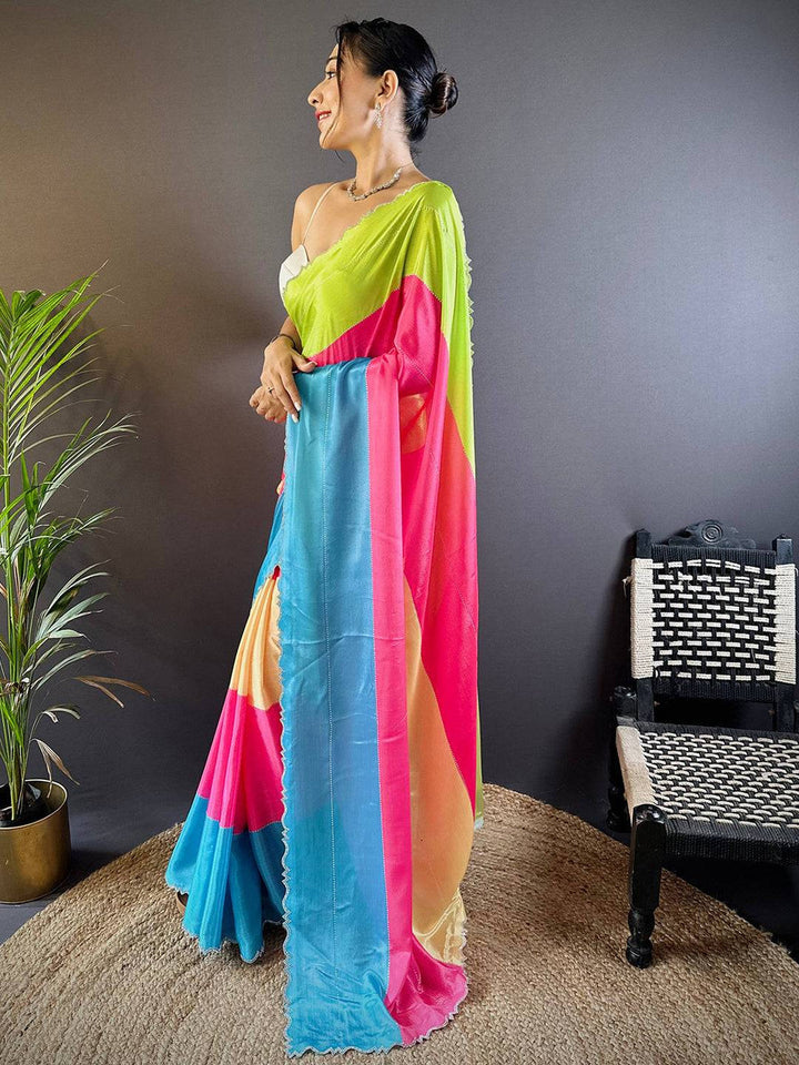 Multicolor Satin Saree with Scallop Border