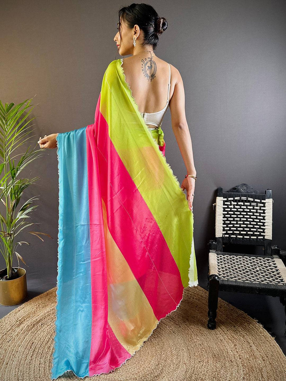 Multicolor Satin Saree with Scallop Border
