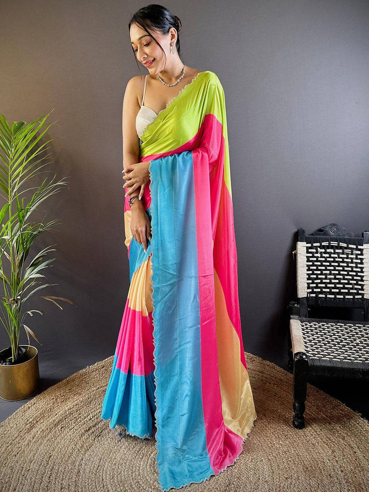Multicolor Satin Saree with Scallop Border