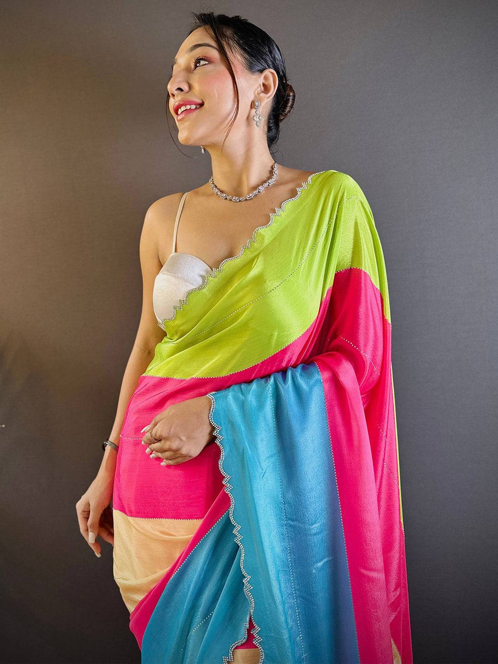 Multicolor Satin Saree with Scallop Border