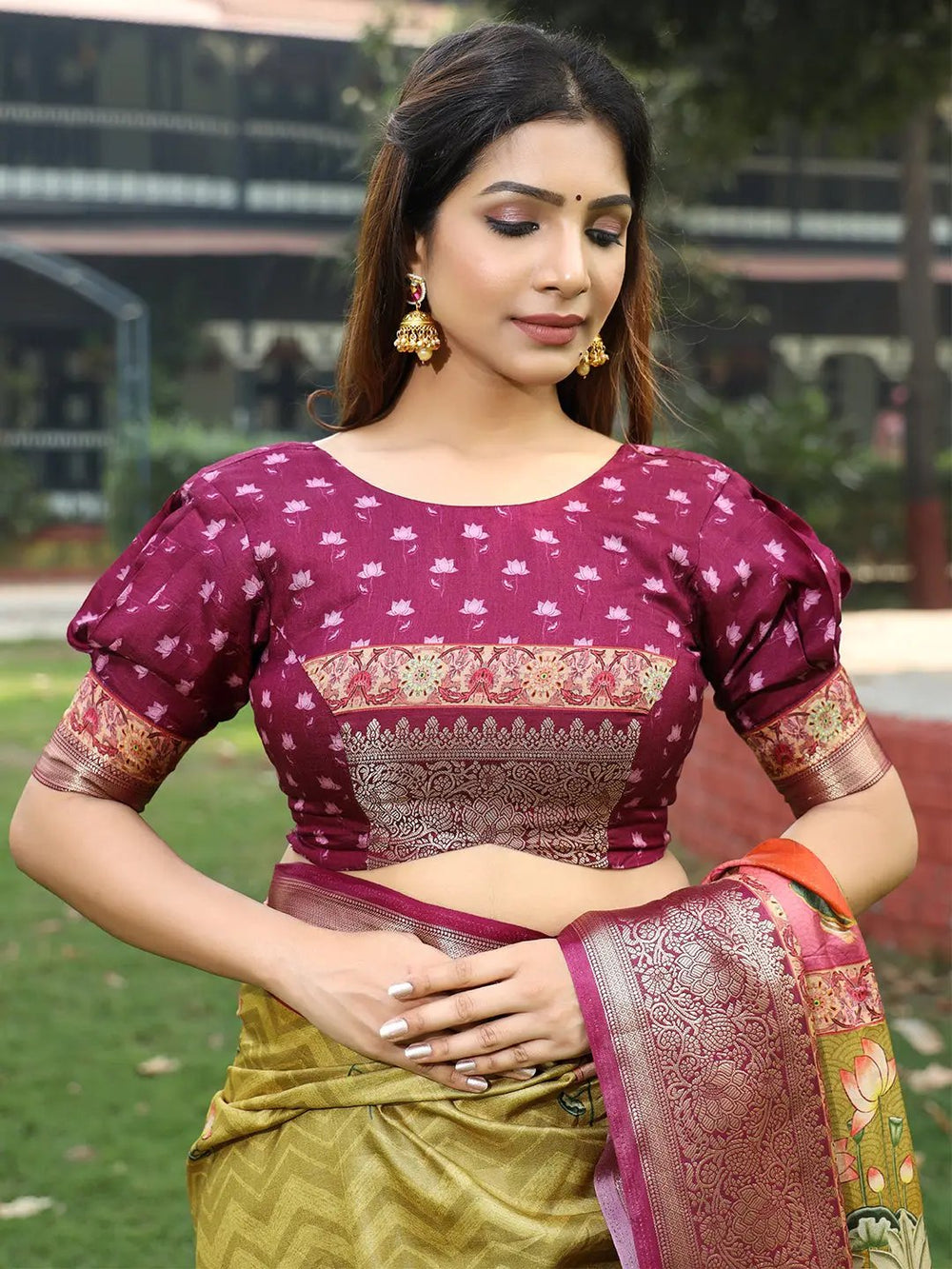 Olive Green Banarasi Silk Saree with Maroon Zari Border & Floral Weaving