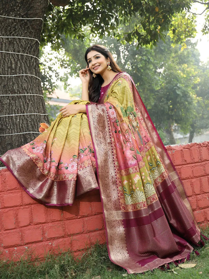 Olive Green Banarasi Silk Saree with Maroon Zari Border & Floral Weaving