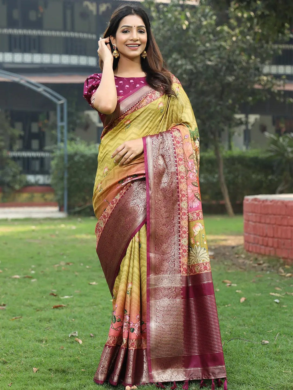 Olive Green Banarasi Silk Saree with Maroon Zari Border & Floral Weaving