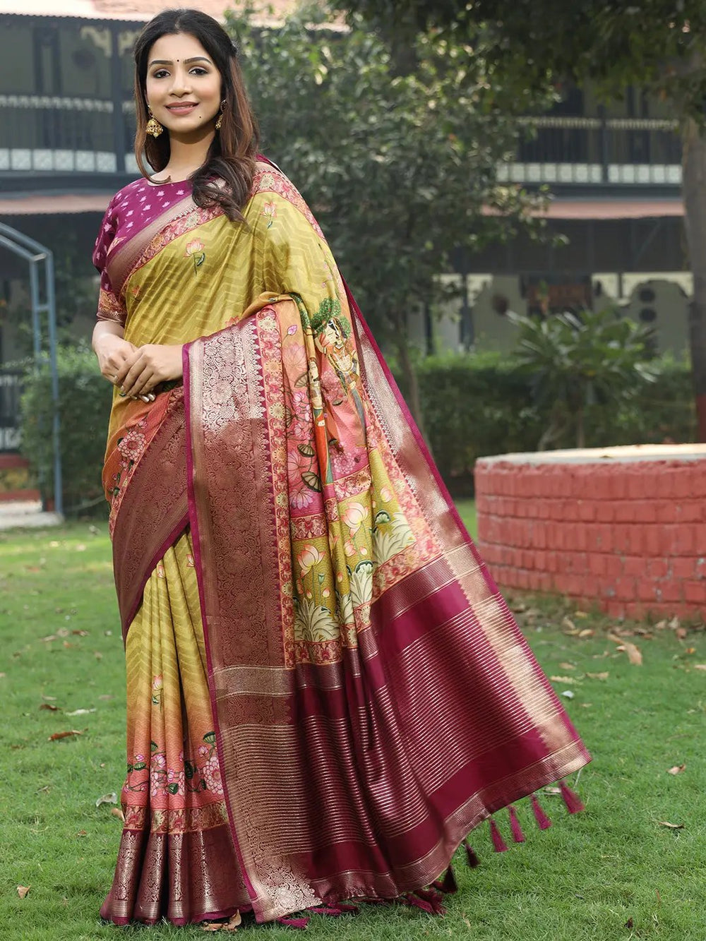 Olive Green Banarasi Silk Saree with Maroon Zari Border & Floral Weaving