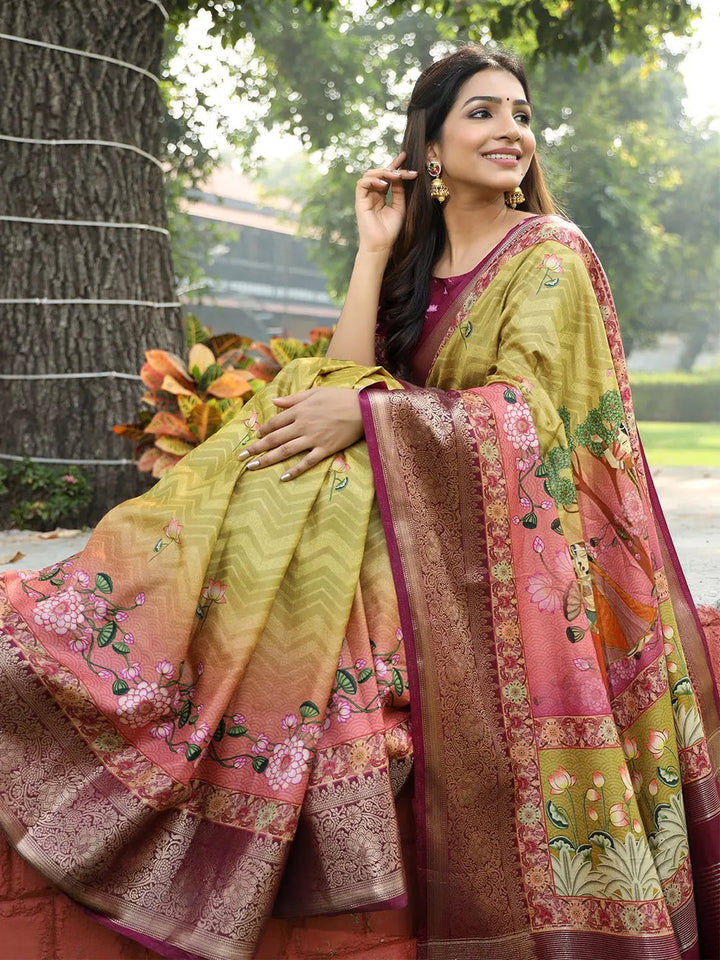 Olive Green Banarasi Silk Saree with Maroon Zari Border & Floral Weaving